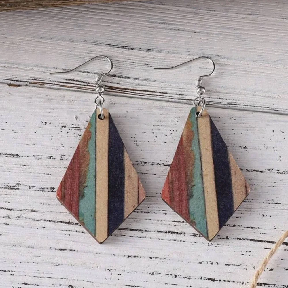 3pcs/set Vintage Bohemian Style Turquoise Stripe & Geometric Wood Double-sided - Picture 4 of 5